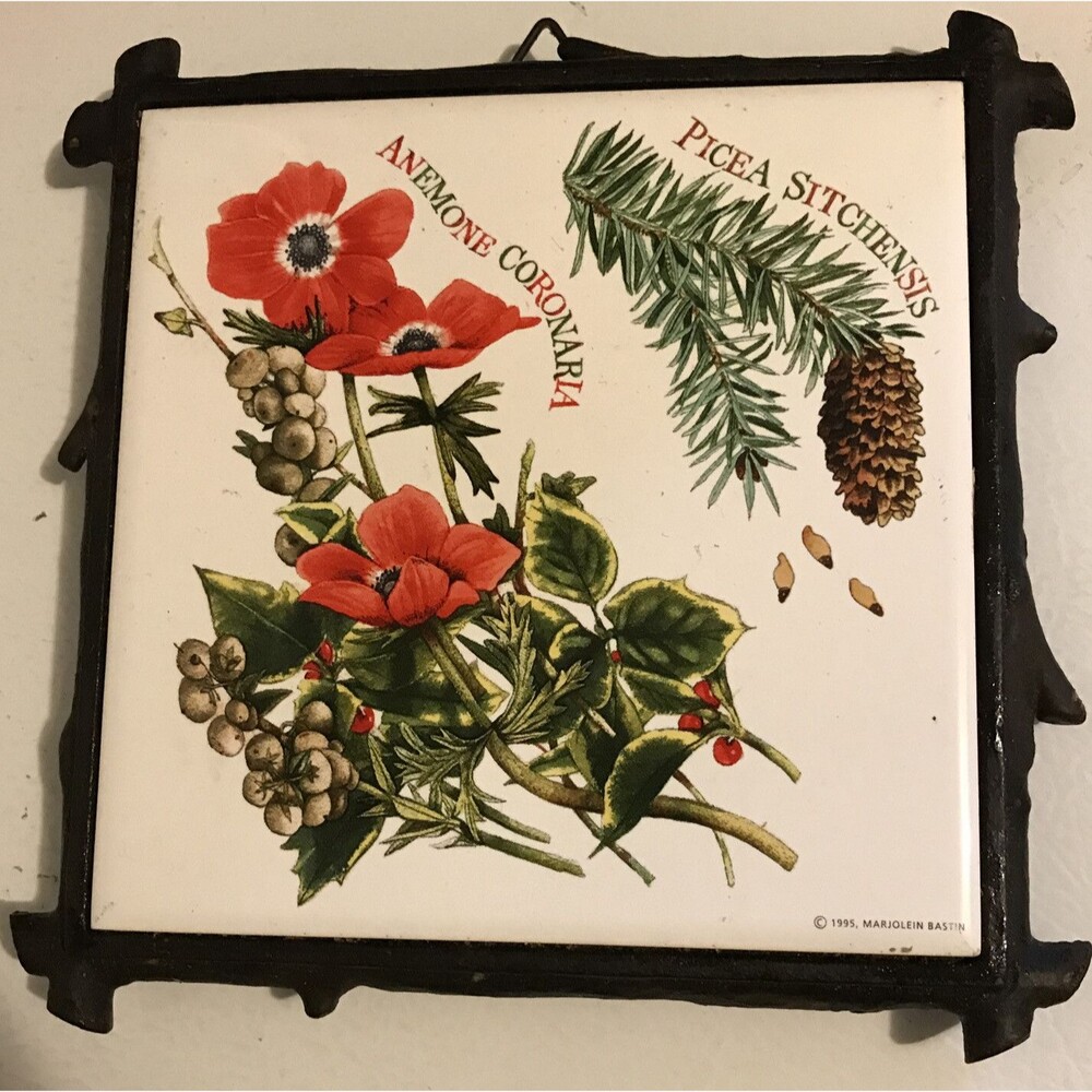 MARJOLEIN BASTIN Cast Iron Tile Trivet Wall Décor "Pine & Anemone" Hallmark 1995